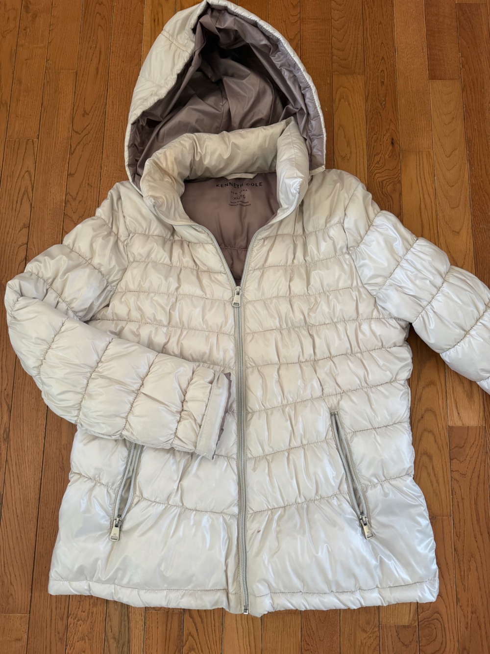 Kenneth Cole Women's Light Cream Quilted Hooded Puffer Jacket